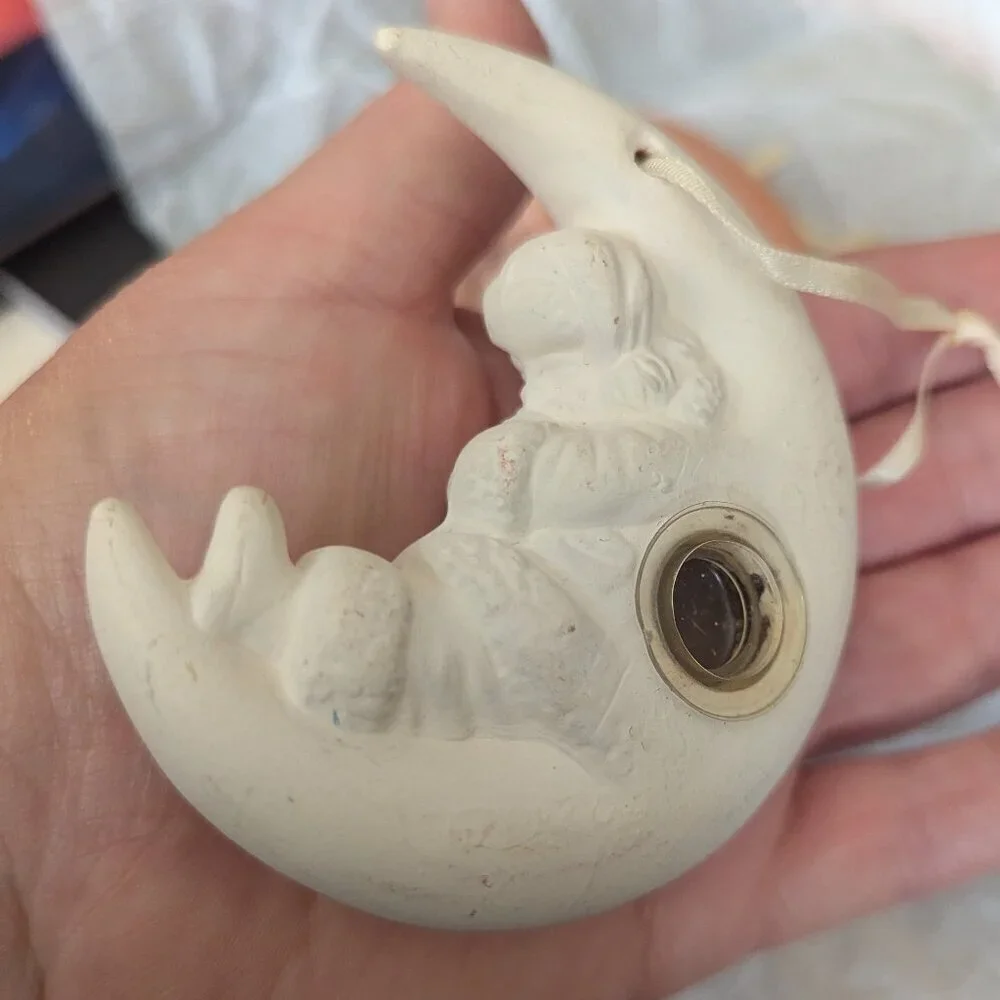 Ceramic Clay Half‎ Moon Sleeping Santa Christmas Tree Holiday Ornaments Vintage